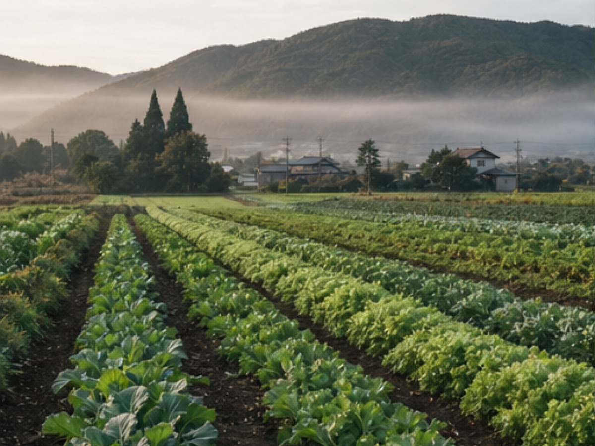朝霧の中に広がる季節の野菜畑