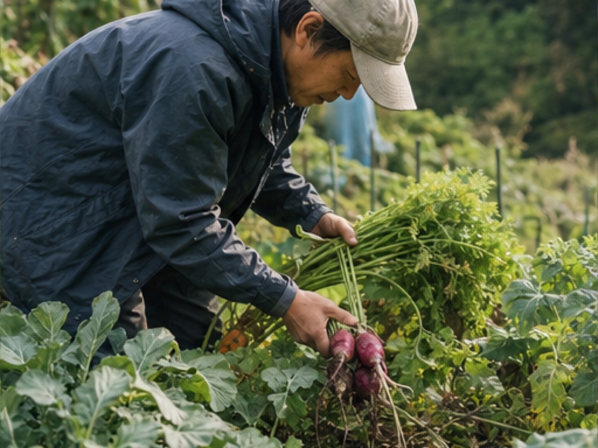 畑で旬の野菜を収穫する生産者