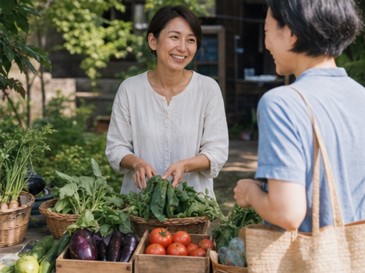 週末の農園直売で野菜を案内する生産者